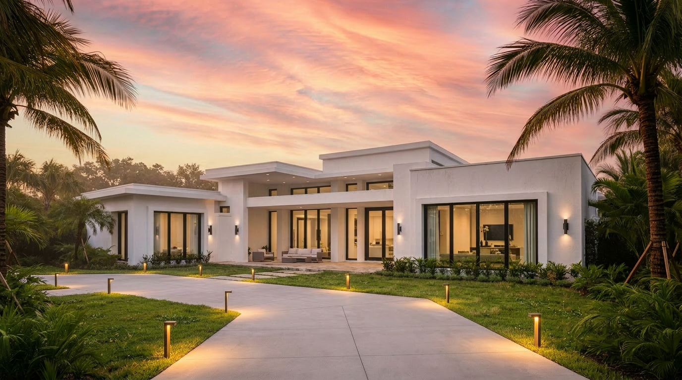 Modern luxury home at sunset